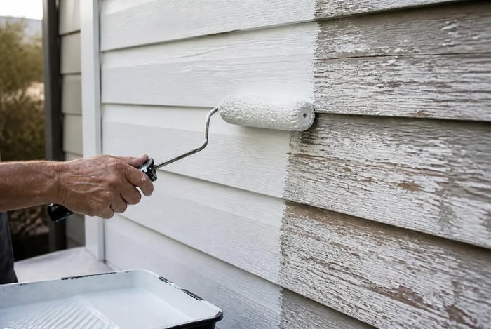 Painter applying finish coat with roller